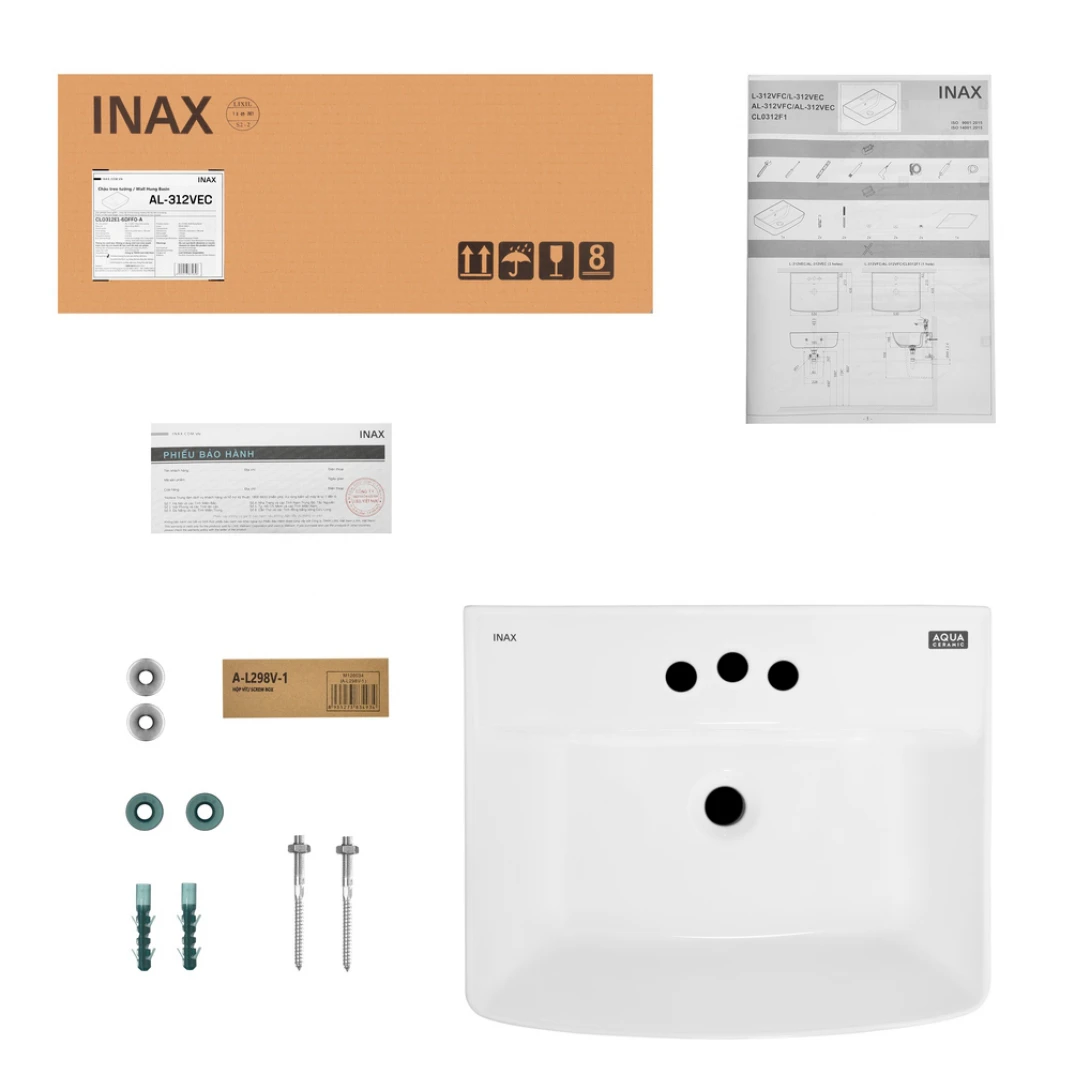 Lavabo Inax AL-312V/L-298VC (AL312V/L298VC) Treo Tường Chân Ngắn Aqua Ceramic - Ảnh 2