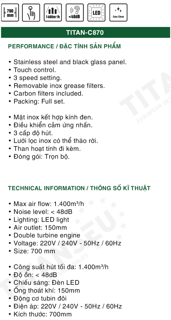 Máy Hút Mùi Kính Cong Serie 8 TITAN-C870 TITANSEU - Ảnh 2