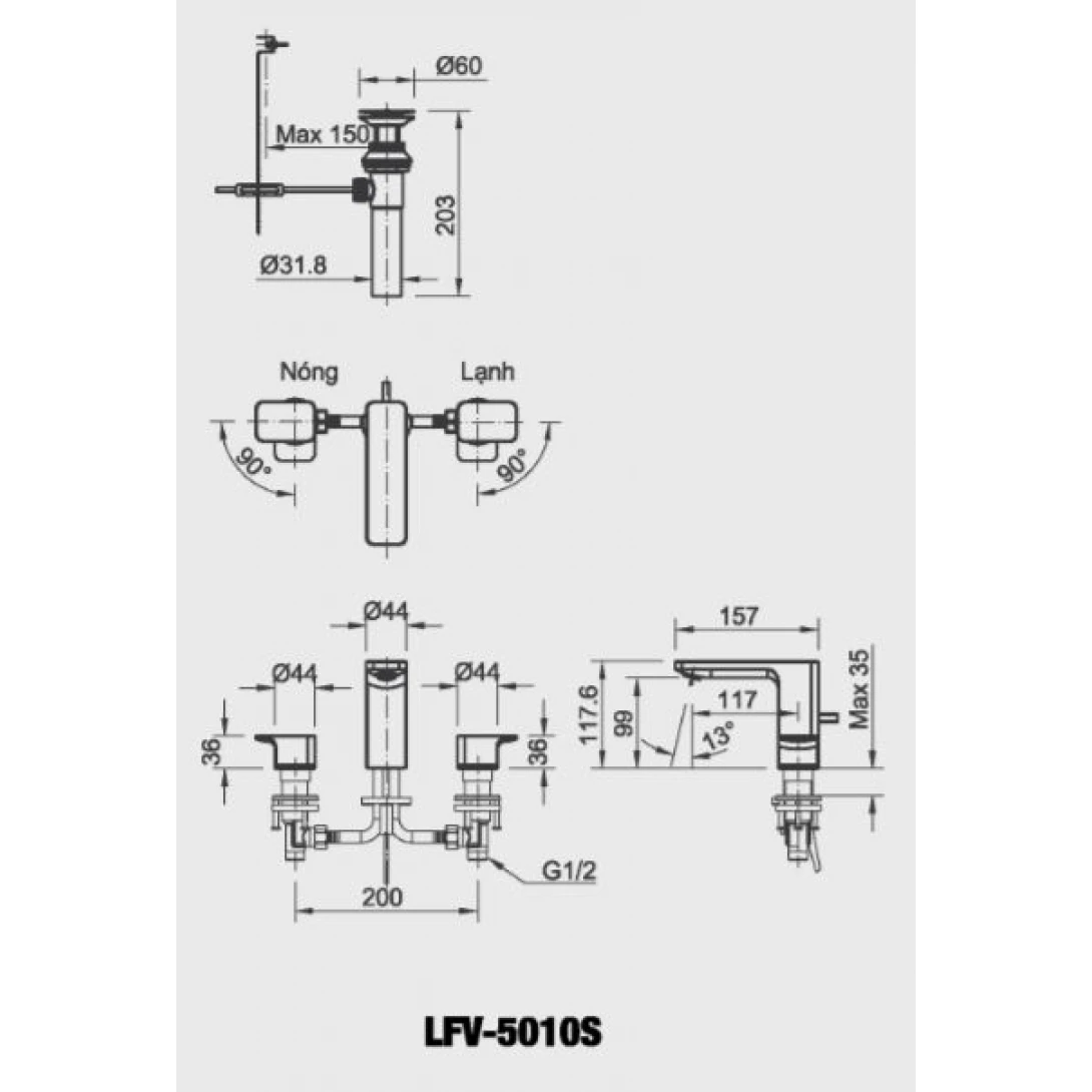Vòi Chậu Lavabo Inax LFV-5010S Van Nóng Lạnh Riêng 3 Lỗ - Ảnh 2