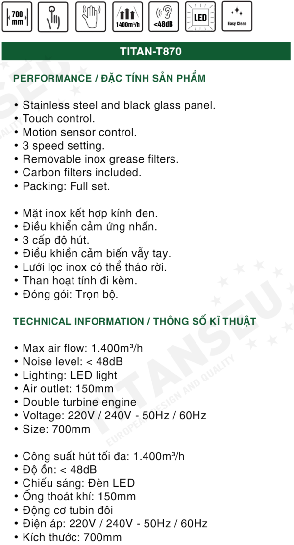 Máy Hút Mùi Chữ T Serie 8 TITAN-T870 TITANSEU - Ảnh 2