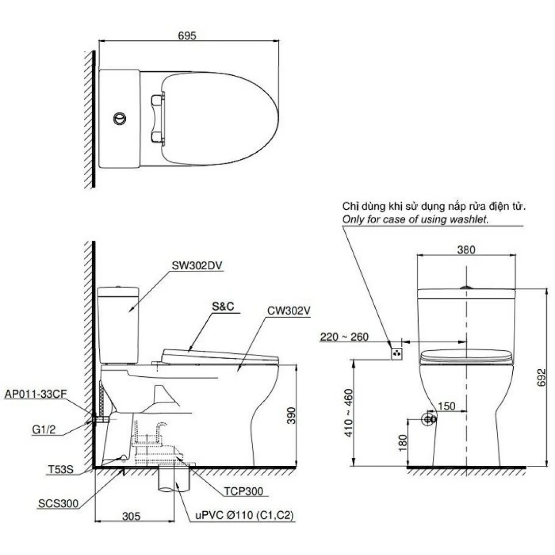 Bồn Cầu 2 Khối TOTO CS302DT10#W Nắp Êm TC395VS - Ảnh 2