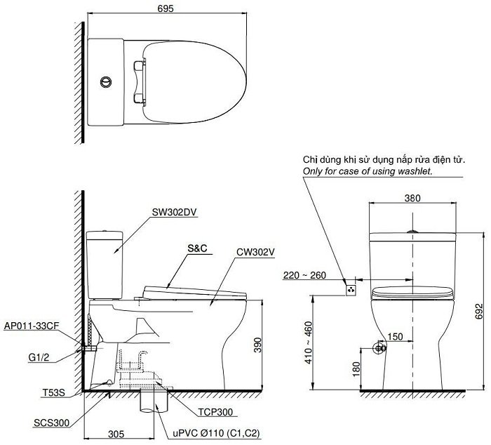 Bản vẽ kích thước xí bệt CS302 DT10 TOTO