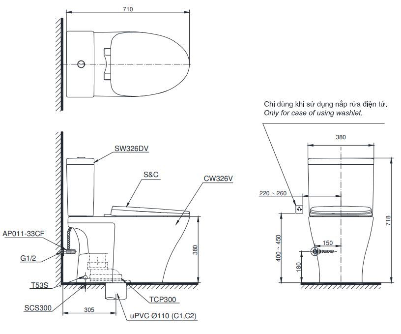 Bản vẽ kích thước bồn cầu CS326 DT10 TOTO