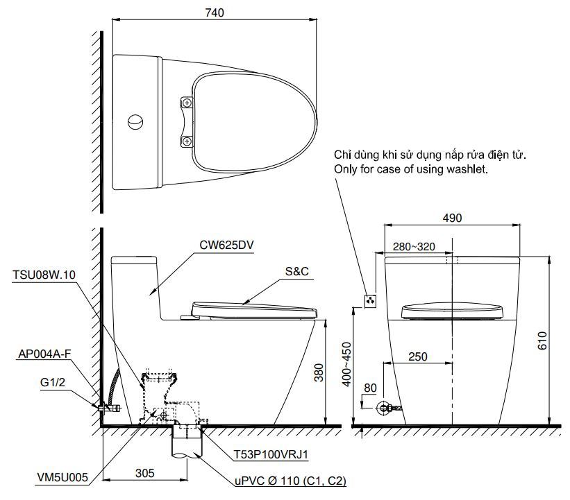Bản vẽ kích thước bồn cầu TOTO C625