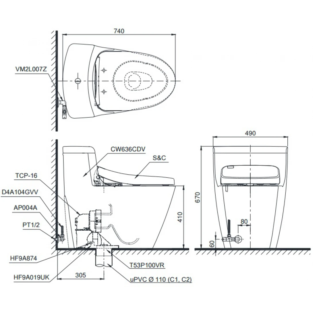 Bồn Cầu TOTO MS636DT2 1 Khối Nắp TC393VS - Ảnh 2