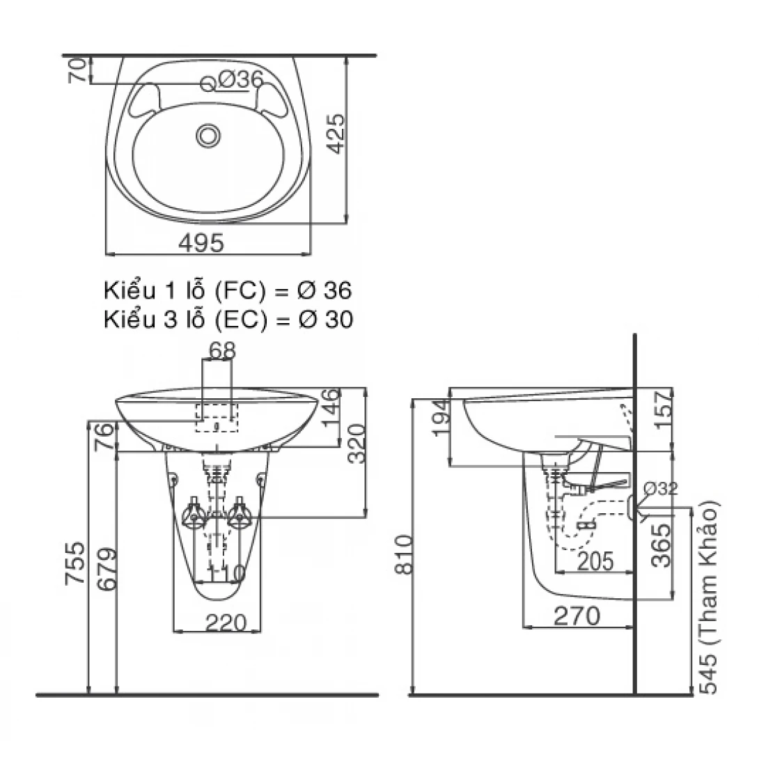 Lavabo Treo Tường Inax L-284V/L-284VC (L284V+L284VC) Chân Ngắn - Ảnh 4