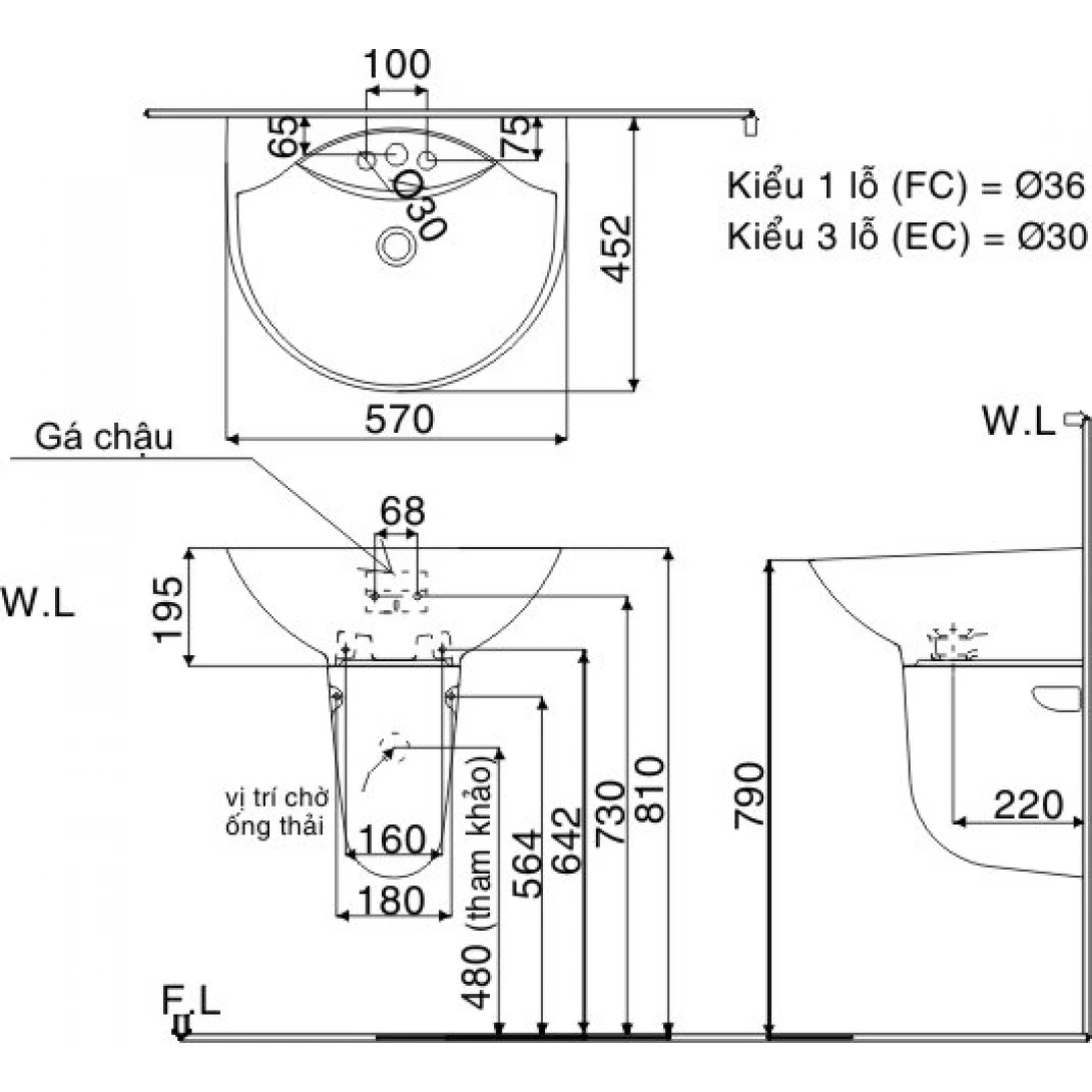Lavabo Treo Tường Inax L-288V/L-288VC (L288V+L288VC) Chân Ngắn - Ảnh 4