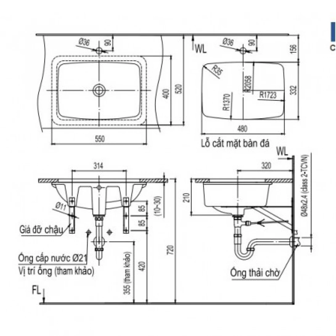 Chậu Rửa Lavabo Inax L-2298V (L2298V) Âm Bàn Chữ Nhật - Ảnh 3