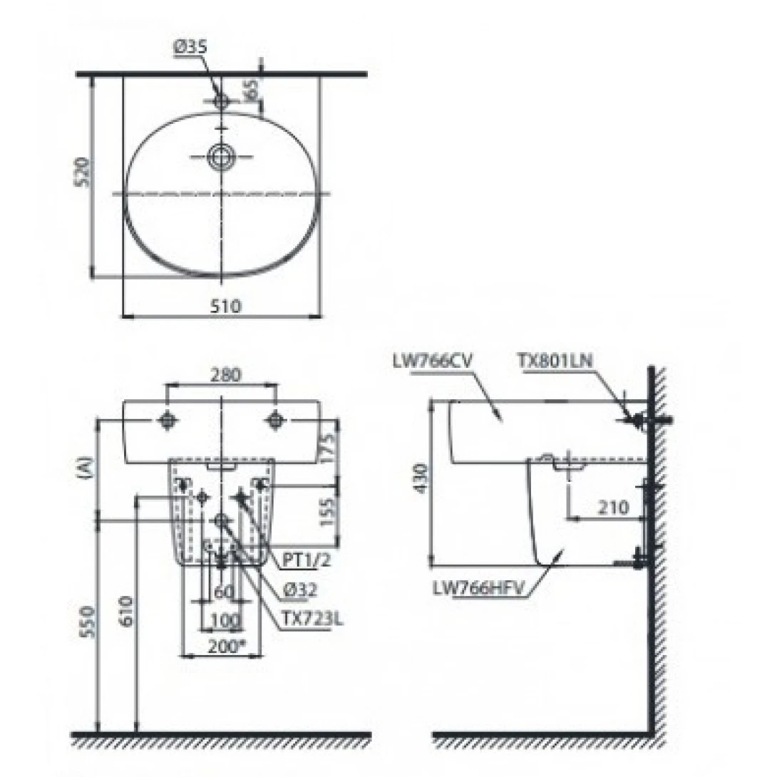 Chậu Lavabo TOTO LHT766CR Treo Tường Chân Ngắn - Ảnh 2