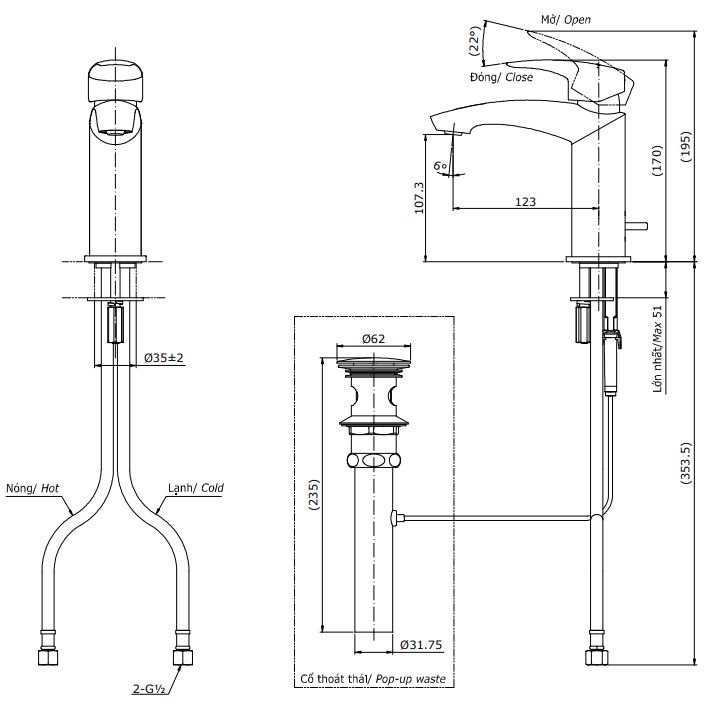 Bản vẽ kỹ thuật vòi lavabo TOTO TLG09301V