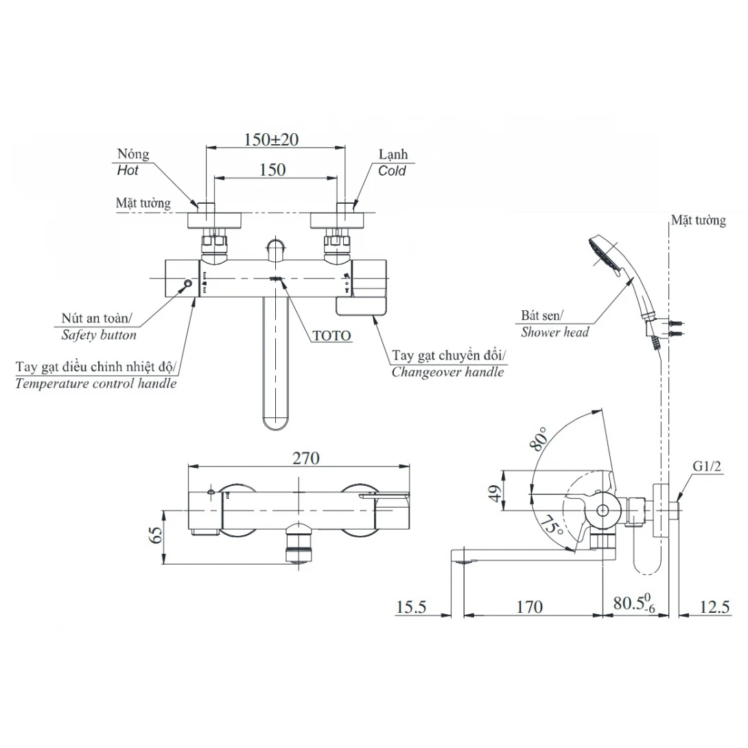 Vòi Sen Tắm Nhiệt Độ Nhật TOTO TBV03427V/DGH104ZR Xả Bồn - Ảnh 2