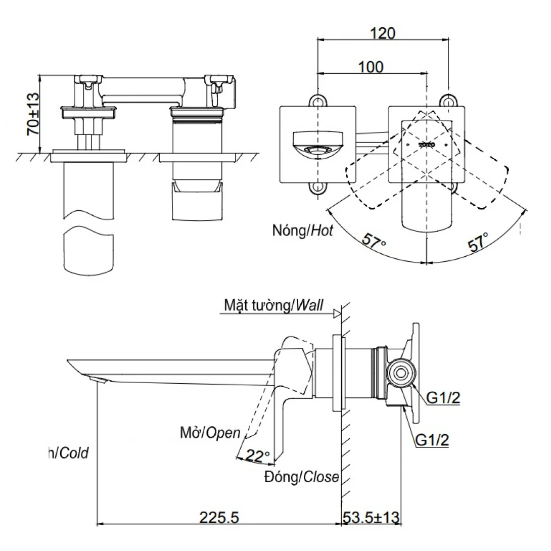 Vòi Lavabo TOTO TLG02311BB Nóng Lạnh Gắn Tường - Ảnh 2