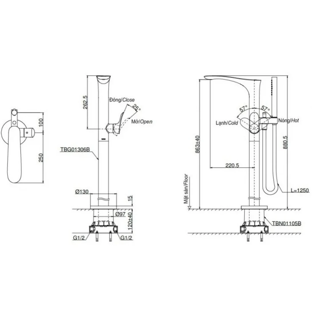 Vòi Sen Xả Bồn Tắm TOTO TBG01306BA#BRG/TBN01105B Đặt Sàn Màu Vàng Hồng - Ảnh 2