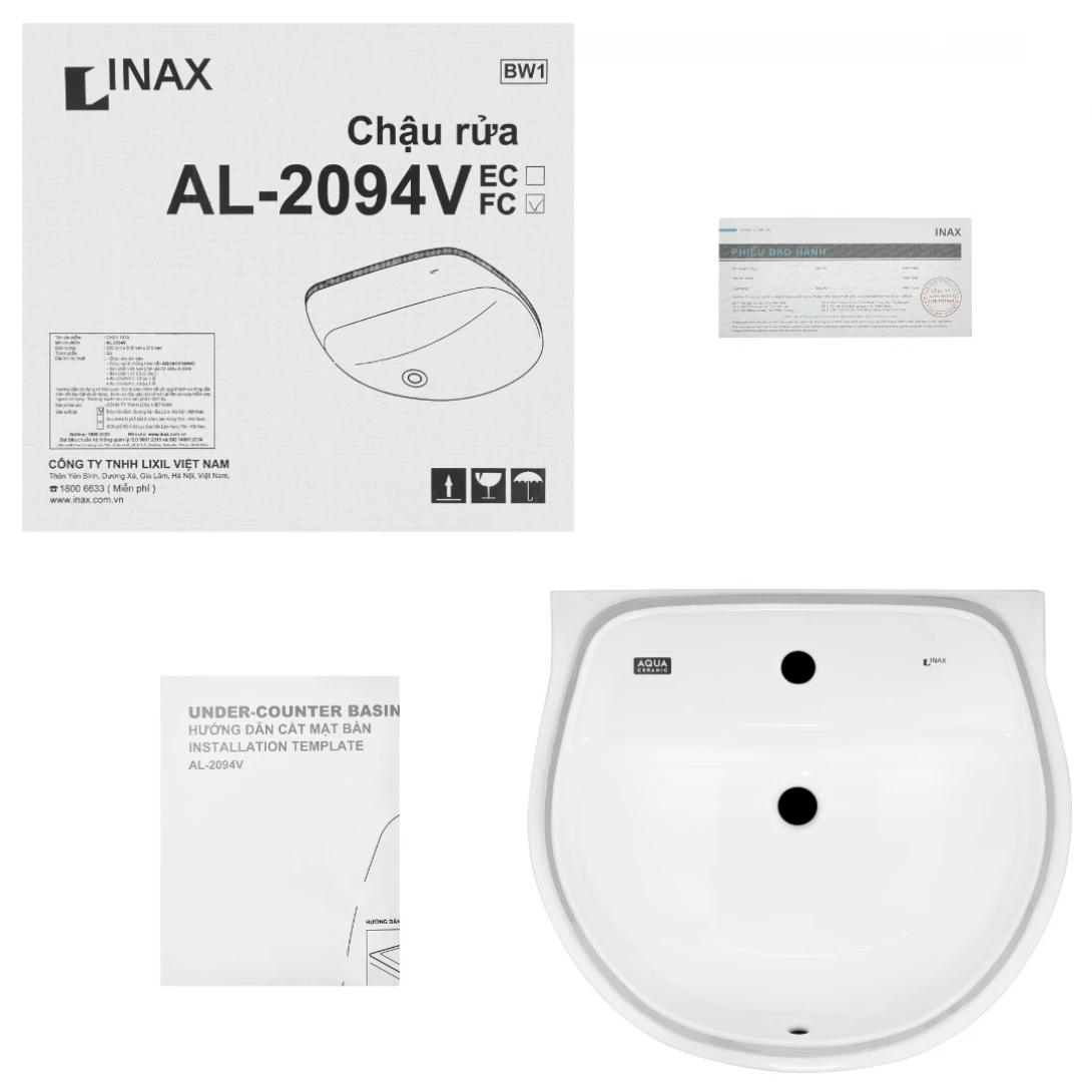 Chậu Rửa Lavabo Inax AL-2094V (AL2094V) Âm Bàn AquaCeramic - Ảnh 2