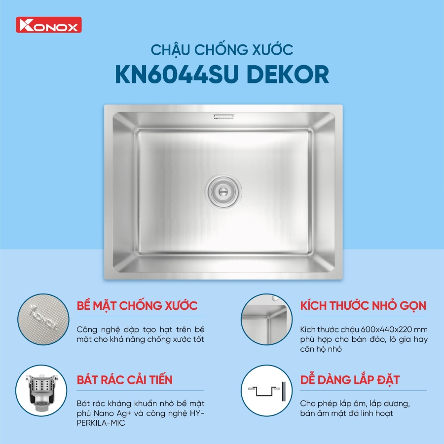 Chậu rửa bát 1 hố chống xước KN6044SU Dekor - Ảnh 7