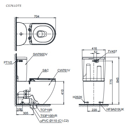Bản vẽ kích thước bồn cầu thân D TOTO CS761DT5#XW