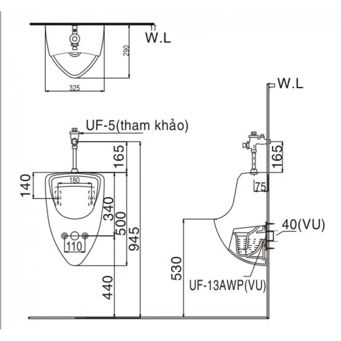 Bồn Tiểu Nam Inax U-440V Treo Tường - Ảnh 3
